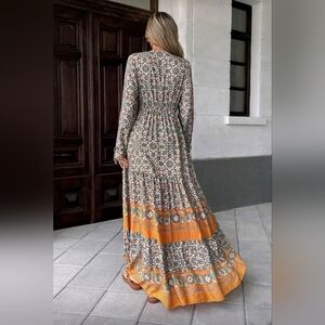 NEW Boho Floral Print Tiered Ruffle Maxi Dress Long Sleeve Teal Green Orange